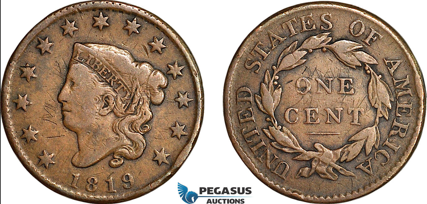 AH908, United States, Coronet Head Cent 1819, Philadelphia Mint, VF (Grafitti)