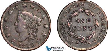 AH909, United States, Coronet Head Cent 1820, Philadelphia Mint, Small date, XF Cleaned