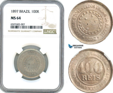 AH929, Brazil, 100 Reis 1897, NGC MS64, Pop 1/1, Rare Grade!
