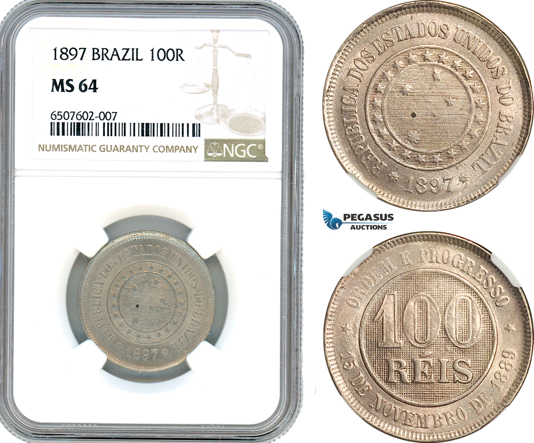 AH929, Brazil, 100 Reis 1897, NGC MS64, Pop 1/1, Rare Grade!
