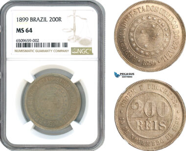AH931, Brazil, 200 Reis 1899, NGC MS64, Pop 2/1, Rare Grade!