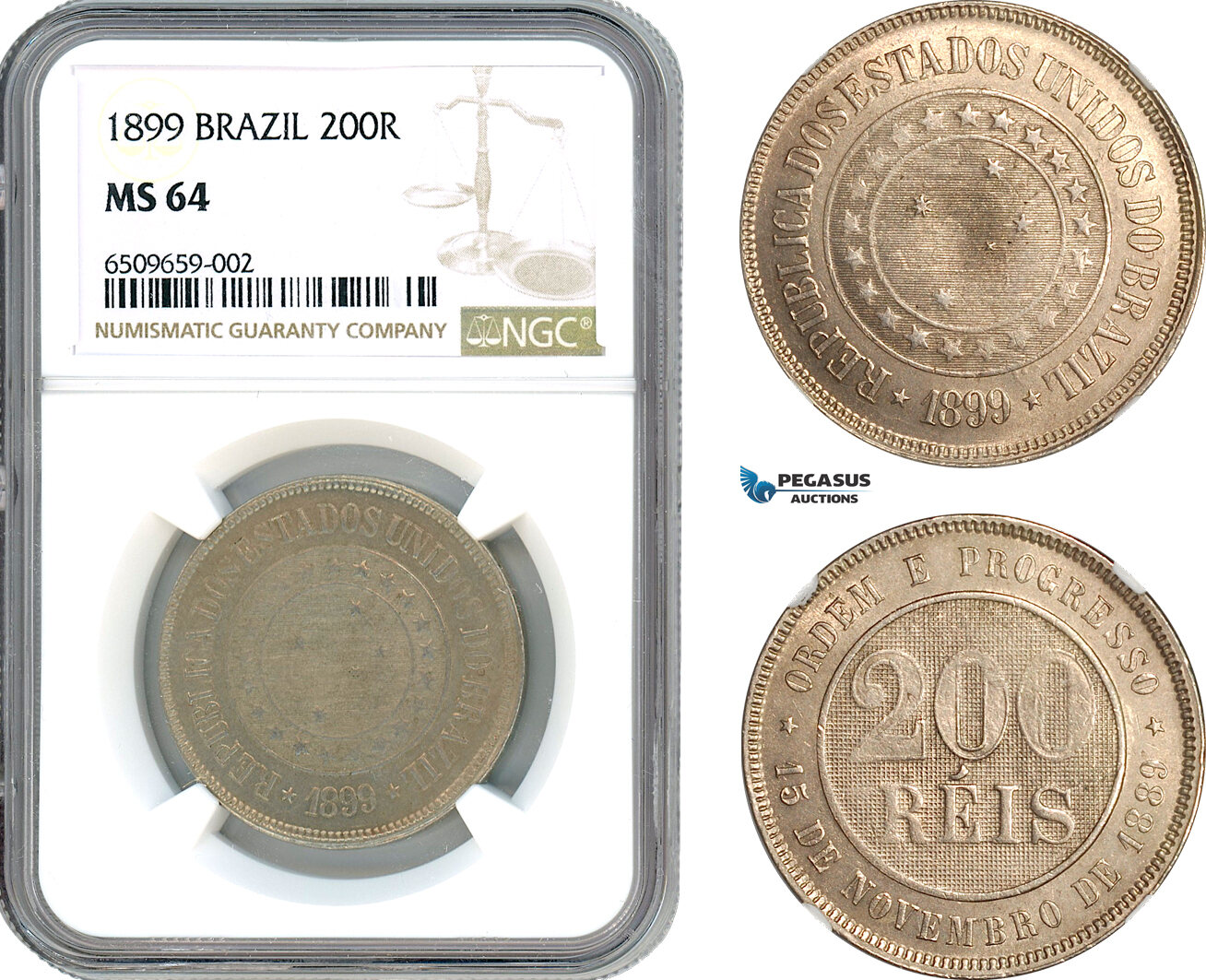 AH931, Brazil, 200 Reis 1899, NGC MS64, Pop 2/1, Rare Grade!