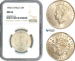 AI053, Cyprus, George VI, 18 Piastres 1940, Royal Mint London, Silver, NGC MS64