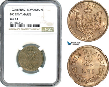 AI097, Romania, Ferdinand, 2 Lei 1924, Brussels Mint, NGC MS63
