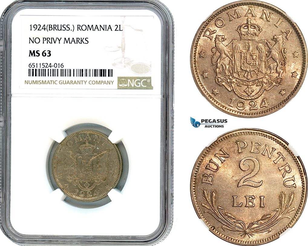 AI097, Romania, Ferdinand, 2 Lei 1924, Brussels Mint, NGC MS63