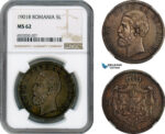 AI165, Romania, Carol I, 5 Lei 1901 B, Hamburg Mint, Silver, NGC MS62