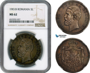 AI165, Romania, Carol I, 5 Lei 1901 B, Hamburg Mint, Silver, NGC MS62