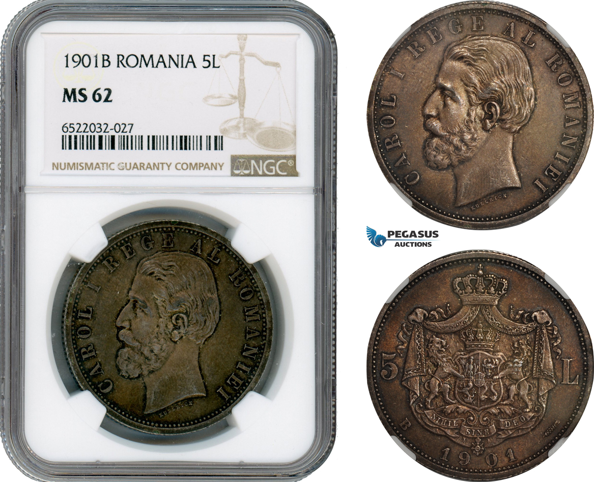 AI165, Romania, Carol I, 5 Lei 1901 B, Hamburg Mint, Silver, NGC MS62
