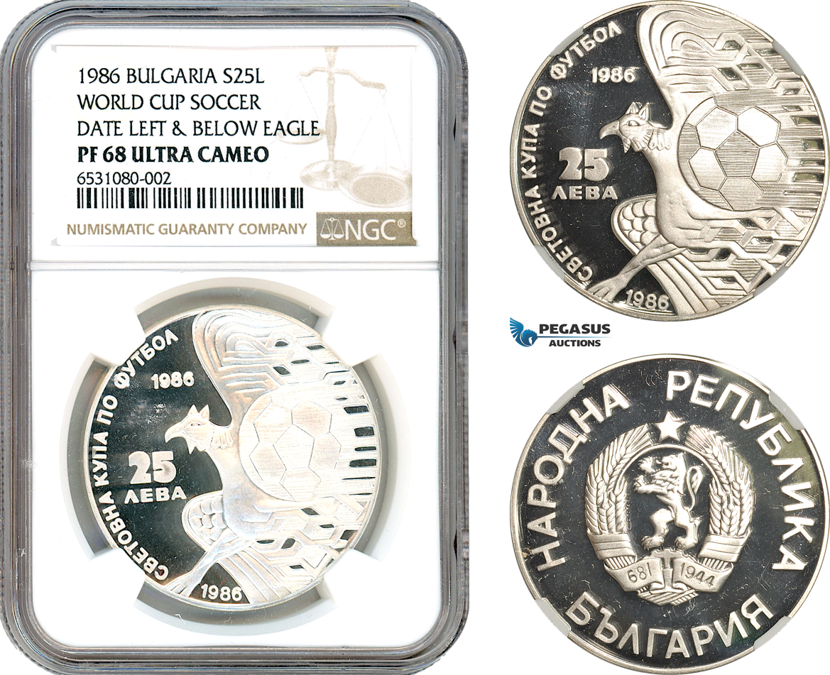 AI216, Bulgaria, 25 Leva 1986, World Football Soccer, Date Left & Below Eagle, Sofia Mint, Silver, NGC PF68 Ultra Cameo
