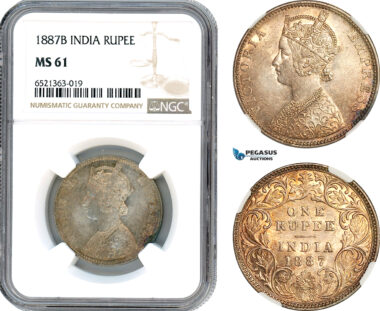 AI255, India (British) Victoria, 1 Rupee 1887 B, Bombay Mint, Silver, NGC MS61