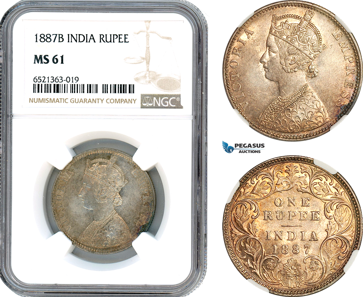 AI255, India (British) Victoria, 1 Rupee 1887 B, Bombay Mint, Silver, NGC MS61
