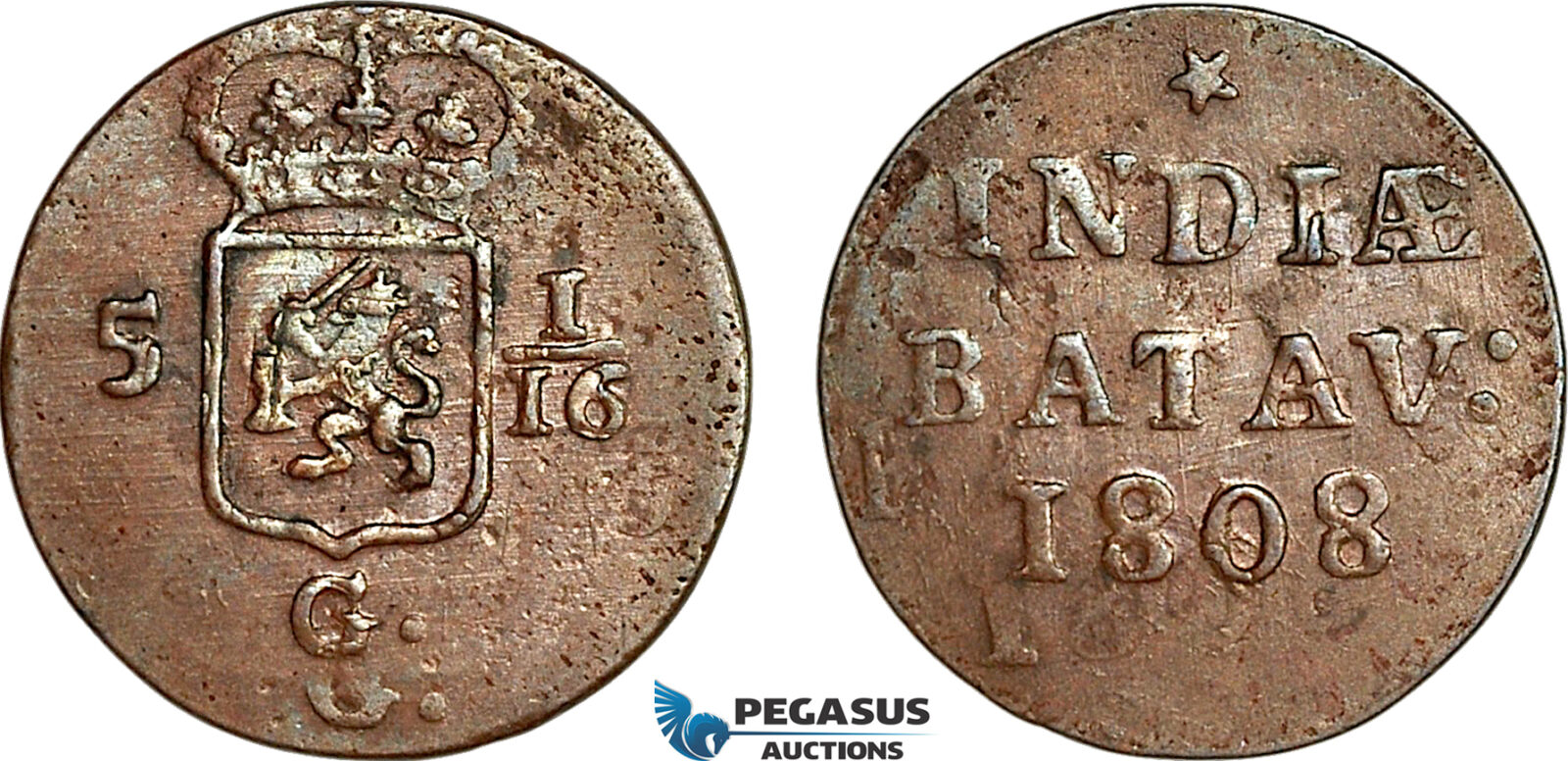 AI276, Netherlands East Indies, Batavian Republic, 1 Duit 1808, Mint Error Double Struck, EF
