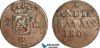 AI276, Netherlands East Indies, Batavian Republic, 1 Duit 1808, Mint Error Double Struck, EF