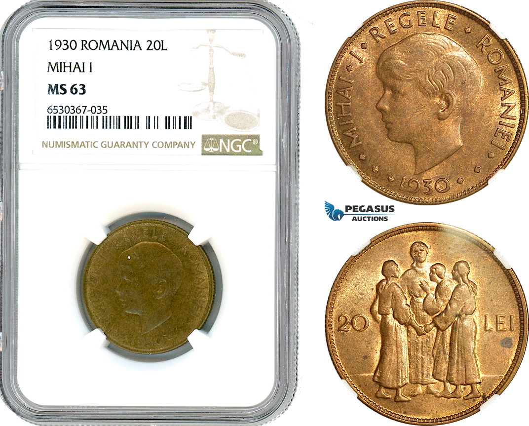 AI282, Romania, Mihai I, 20 Lei 1930, London Mint, NGC MS63