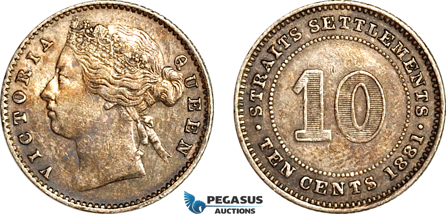 AI297, Straits Settlements, Victoria, 10 Cents 1881, Silver, EF