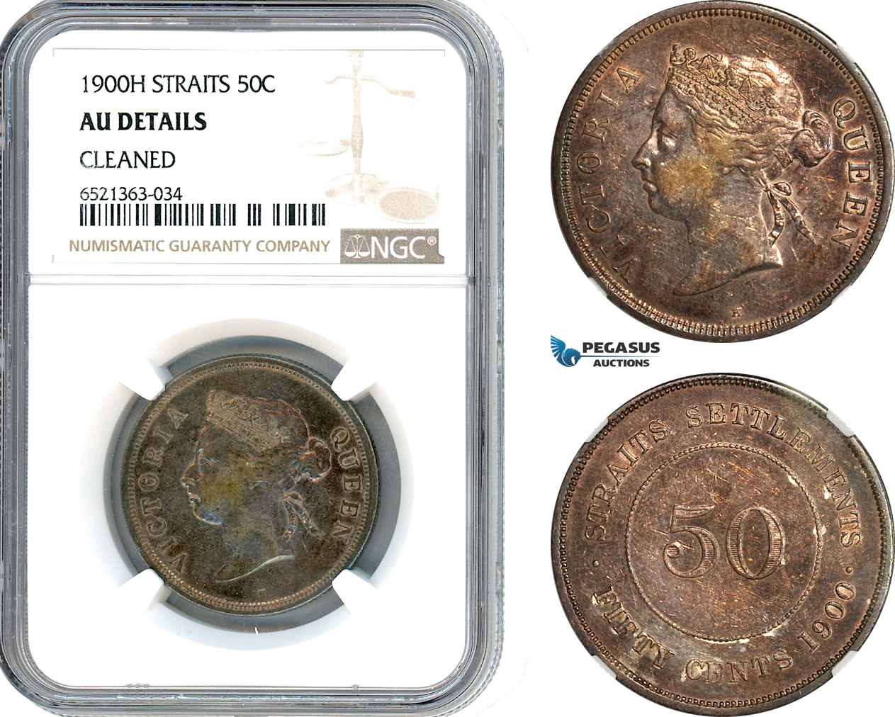 AI402, Straits Settlements, Victoria, 50 Cent 1900 H, Heaton Mint, Silver, NGC AU Det.