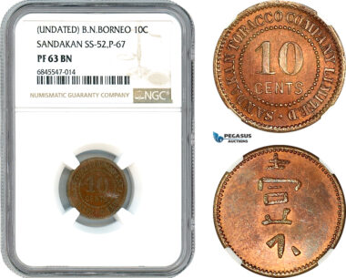 AI417, British North Borneo, 10 Cents ND, Sandakan Tobacco Company, SS-52, P-67, NGC PF63BN