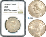 AI512, Brazil, 2000 Reis 1907, Rio de Janeiro Mint, Silver, NGC MS65