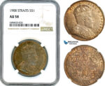 AI570, Straits Settlements, Edward VII, 1 Dollar 1908, London Mint, Silver, NGC AU58