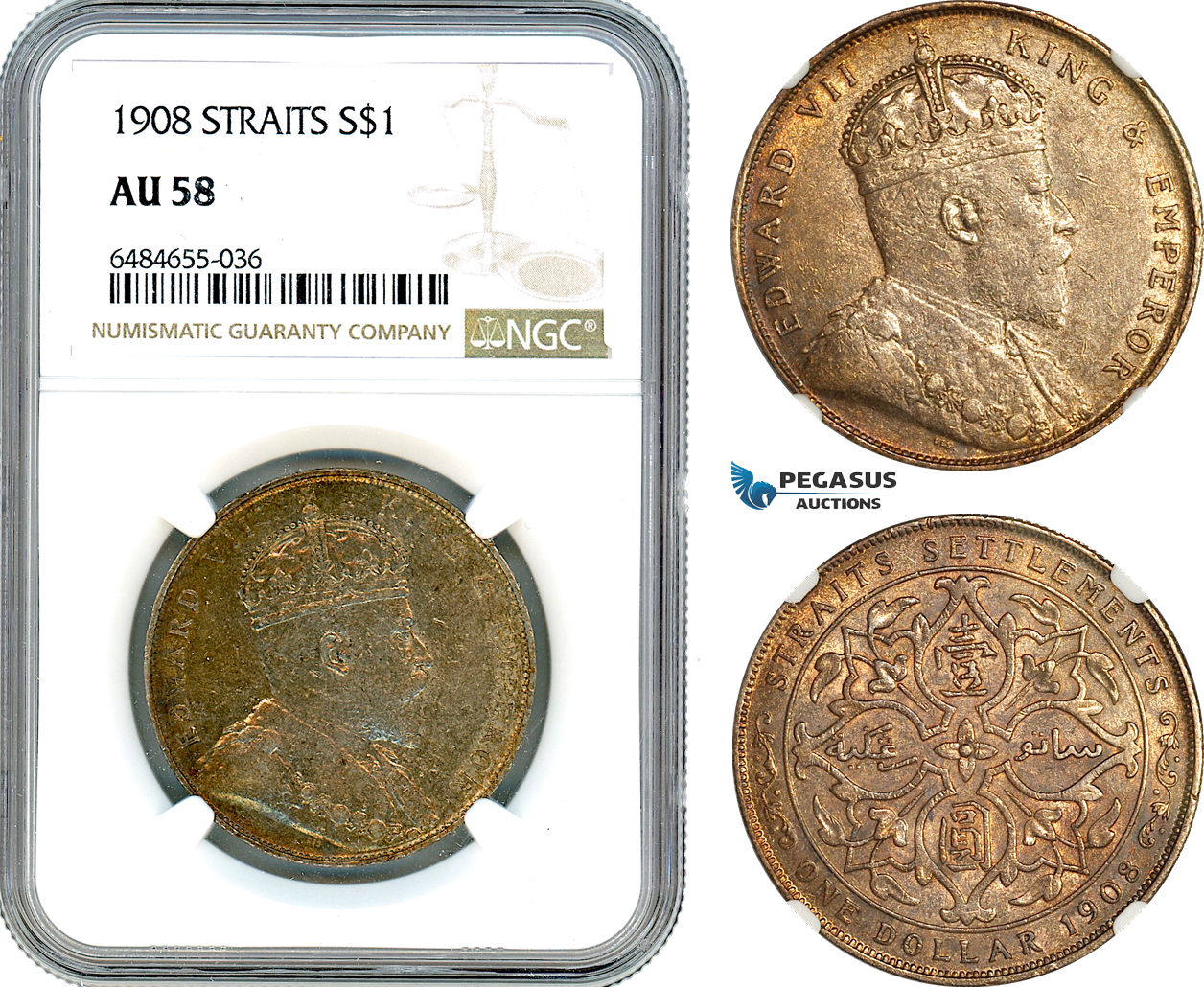 AI570, Straits Settlements, Edward VII, 1 Dollar 1908, London Mint, Silver, NGC AU58