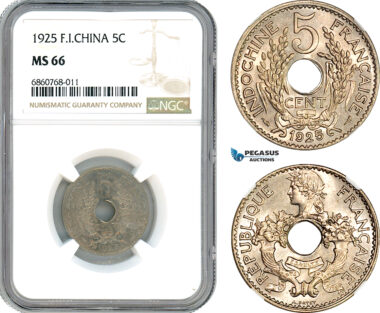 AI581, French Indo-China, 5 Centimes 1925, Paris Mint, NGC MS66