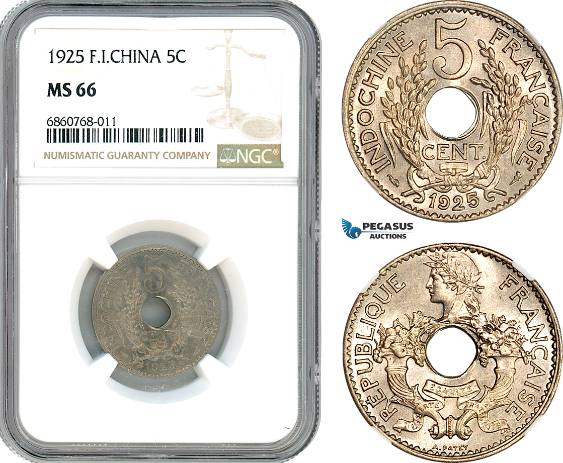 AI581, French Indo-China, 5 Centimes 1925, Paris Mint, NGC MS66