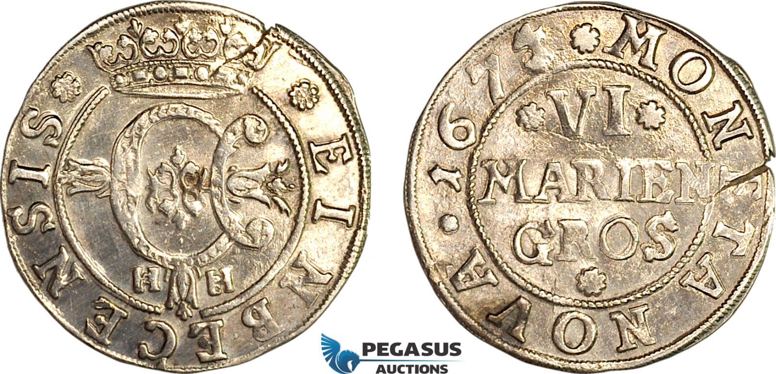 AI617, Germany, Einbeck City, 6 Mariengroschen 1674/3 HH, Silver (5.64g) Cleaned, flan crack, VF, Rare!