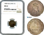 AI748, Bulgaria, Ferdinand I, 5 Stotinki 1888, Brussels Mint, NGC MS62