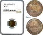 AI749, Bulgaria, Ferdinand I, 5 Stotinki 1888, Brussels Mint, NGC MS62