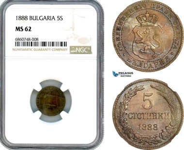 AI749, Bulgaria, Ferdinand I, 5 Stotinki 1888, Brussels Mint, NGC MS62