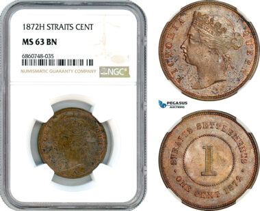 AI791, Straits Settlements, Victoria, 1 Cent 1872 H, Heaton Mint, NGC MS63BN