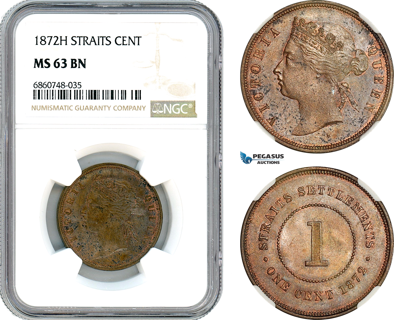 AI791, Straits Settlements, Victoria, 1 Cent 1872 H, Heaton Mint, NGC MS63BN