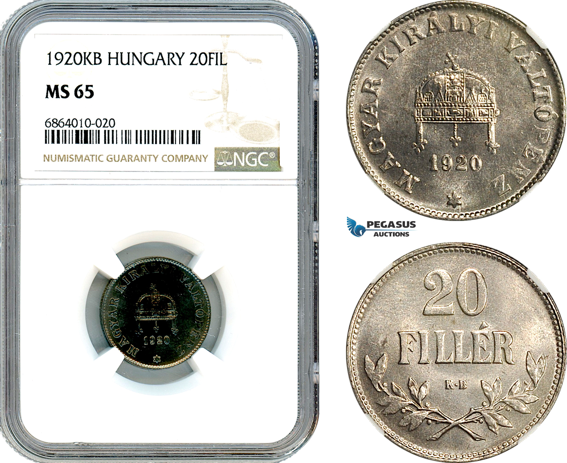 AI818, Hungary, 20 Filler 1920 KB, Kremnitz Mint, NGC MS65, Top Pop!