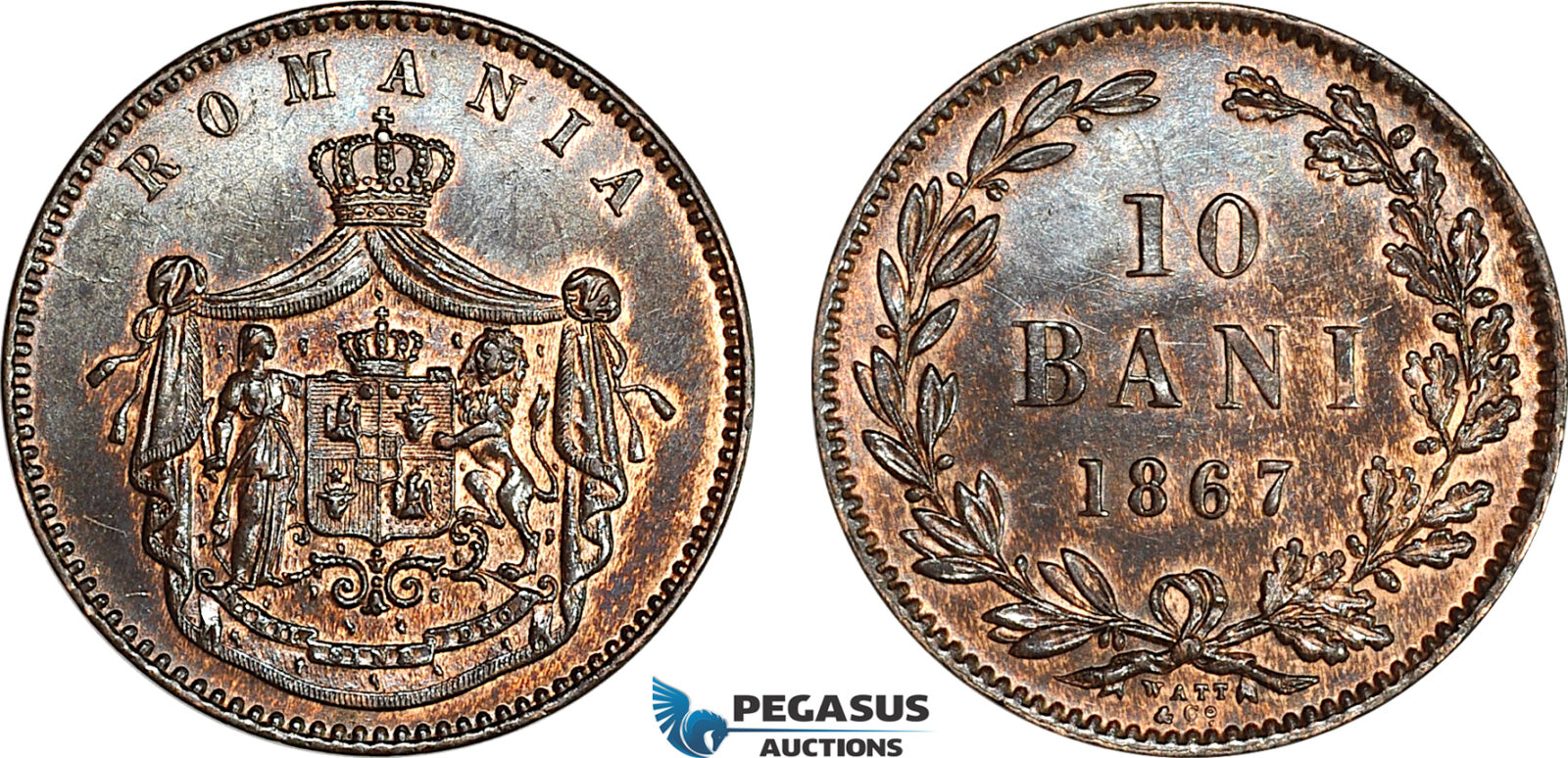 AI912, Romania, Carol I, 10 Bani 1867 Watt&Co, Birmingham Mint, Lightly Cleaned UNC
