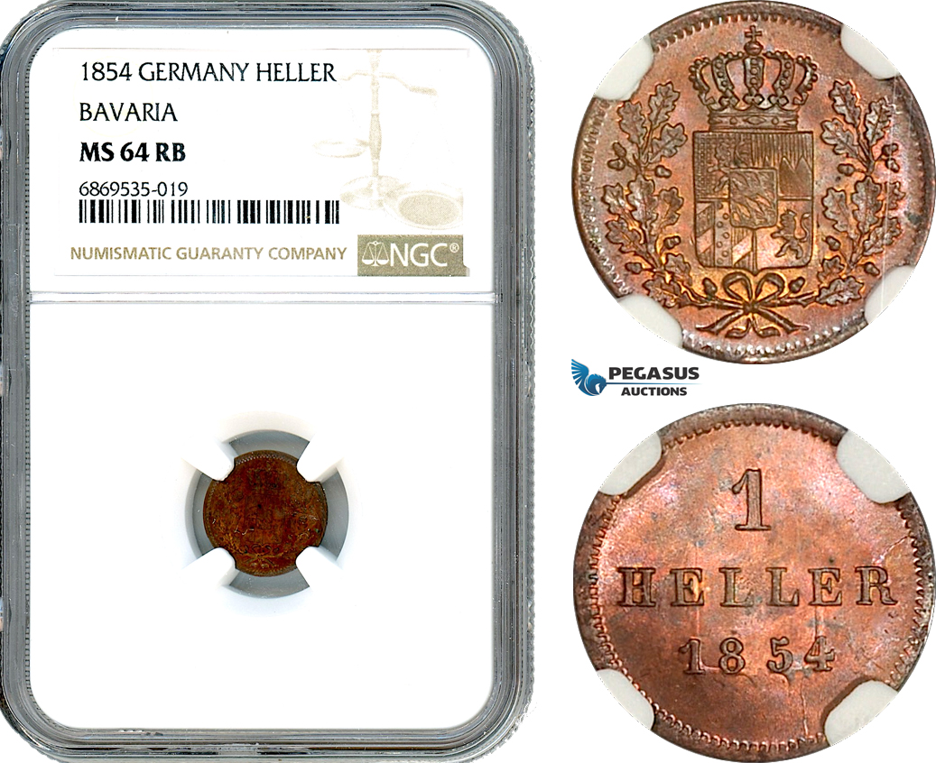 AJ014, Germany, Bavaria, Maximilian II, 1 Heller 1854, Munich Mint, NGC MS64RB