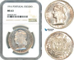 AJ025, Portugal, 1 Escudo 1916, Lisbon Mint, Silver, NGC MS63