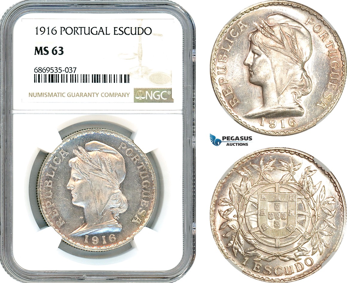 AJ025, Portugal, 1 Escudo 1916, Lisbon Mint, Silver, NGC MS63