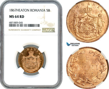 AJ027, Romania, Carol I, 5 Bani 1867, Heaton Mint, NGC MS64RD