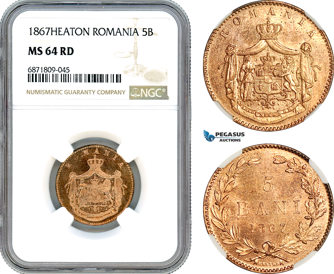 AJ027, Romania, Carol I, 5 Bani 1867, Heaton Mint, NGC MS64RD