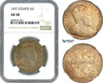 AJ033, Straits Settlements, Edward VII, 1 Dollar 1907, London Mint, Silver, NGC AU 58
