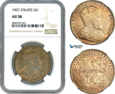 AJ033, Straits Settlements, Edward VII, 1 Dollar 1907, London Mint, Silver, NGC AU 58