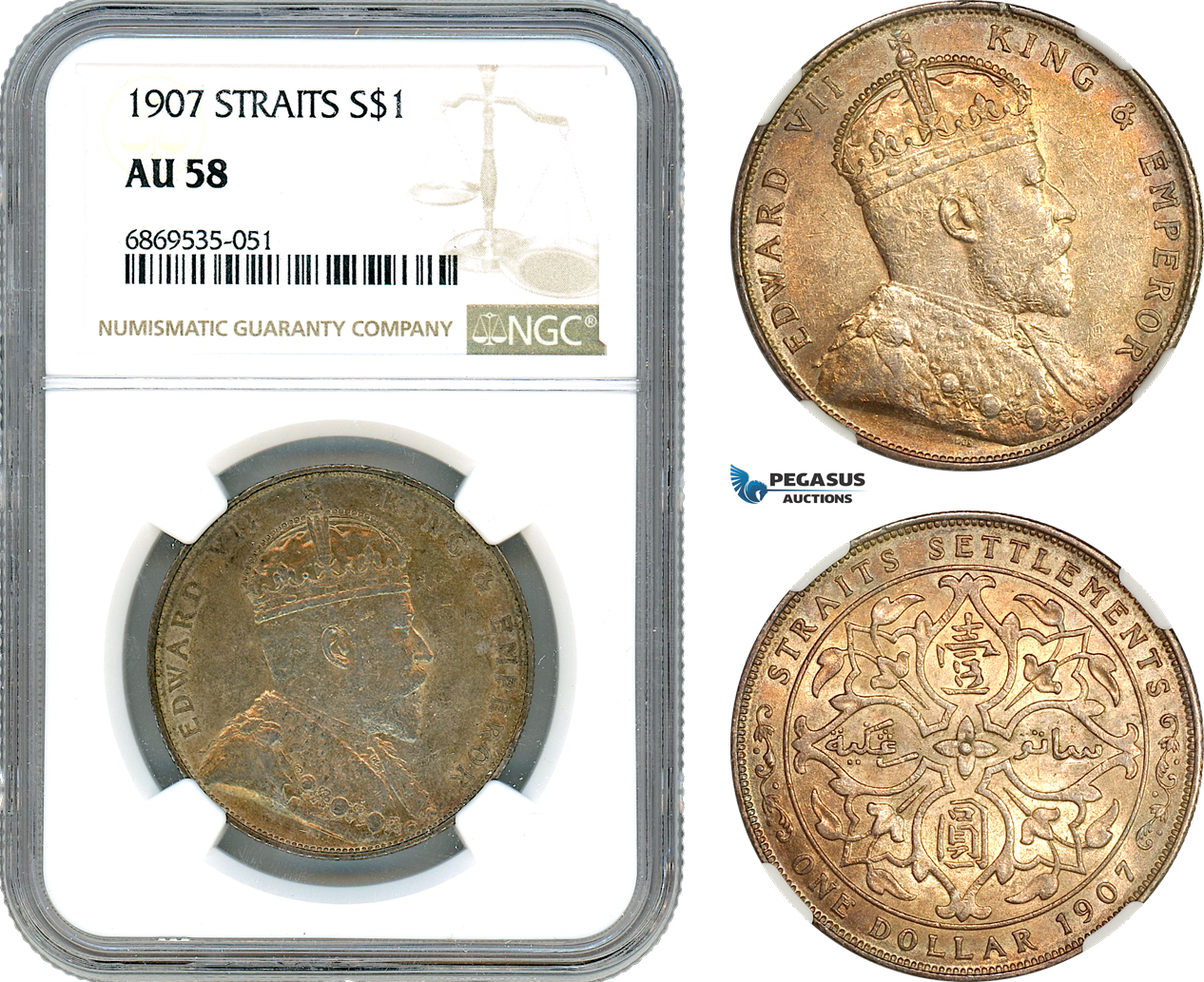 AJ033, Straits Settlements, Edward VII, 1 Dollar 1907, London Mint, Silver, NGC AU 58