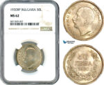 AJ046, Bulgaria, Boris III, 50 Leva 1930 BP, Budapest Mint, Silver, NGC MS62