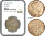 AJ140, Straits Settlements, Edward VI, Dollar 1909, Bombay Mint, Silver, NGC AU Det.