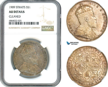 AJ140, Straits Settlements, Edward VI, Dollar 1909, Bombay Mint, Silver, NGC AU Det.