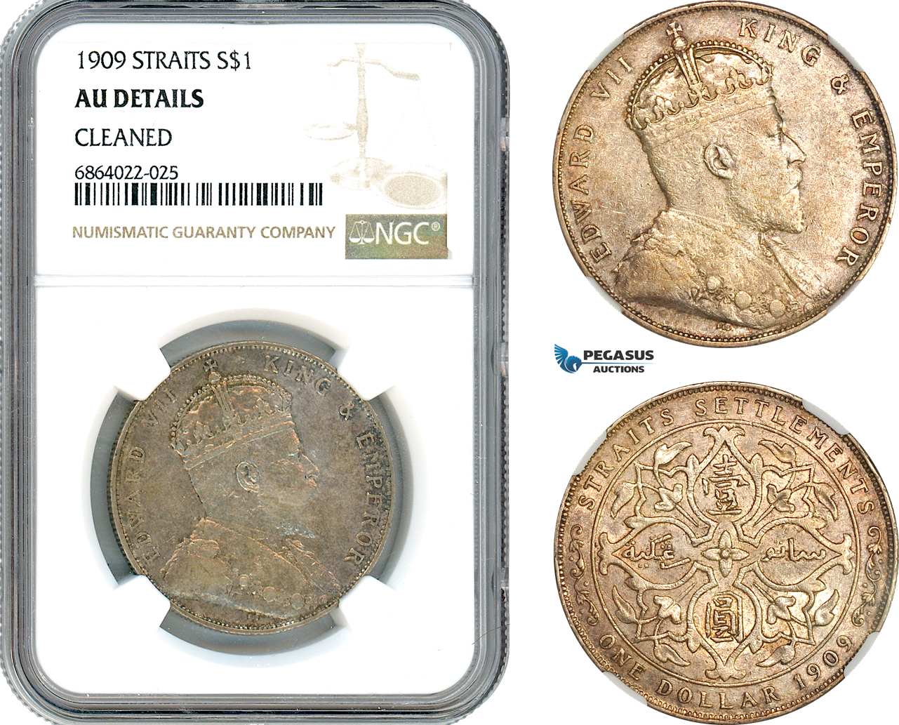 AJ140, Straits Settlements, Edward VI, Dollar 1909, Bombay Mint, Silver, NGC AU Det.