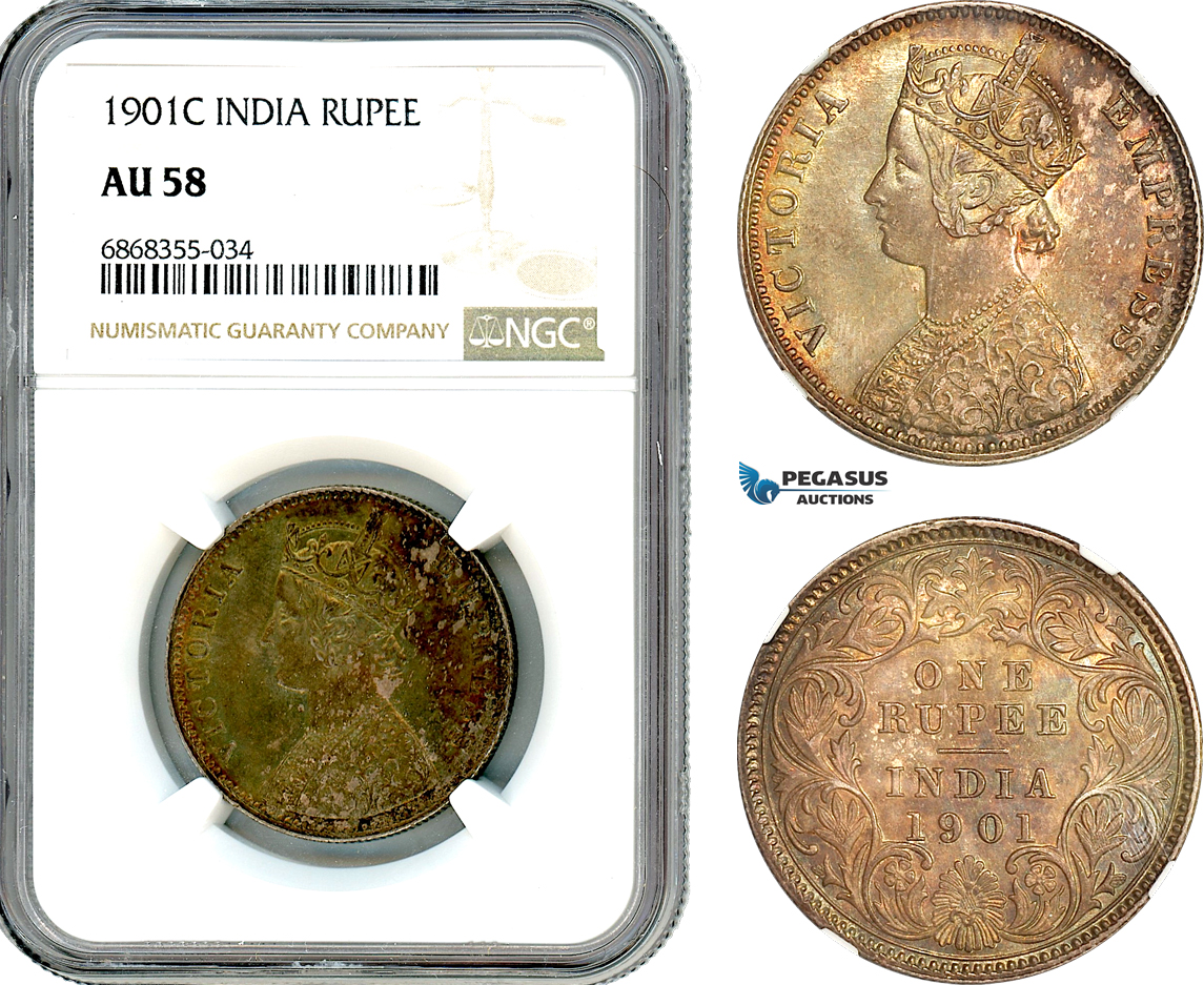 AJ165, India (British) Victoria, 1 Rupee 1901 C, Calcutta Mint, Silver, NGC AU58