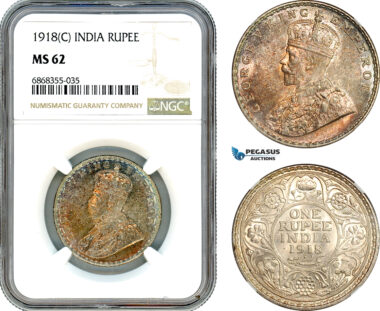 AJ166, India (British) George V, 1 Rupee 1918 C, Calcutta Mint, Silver, NGC MS62