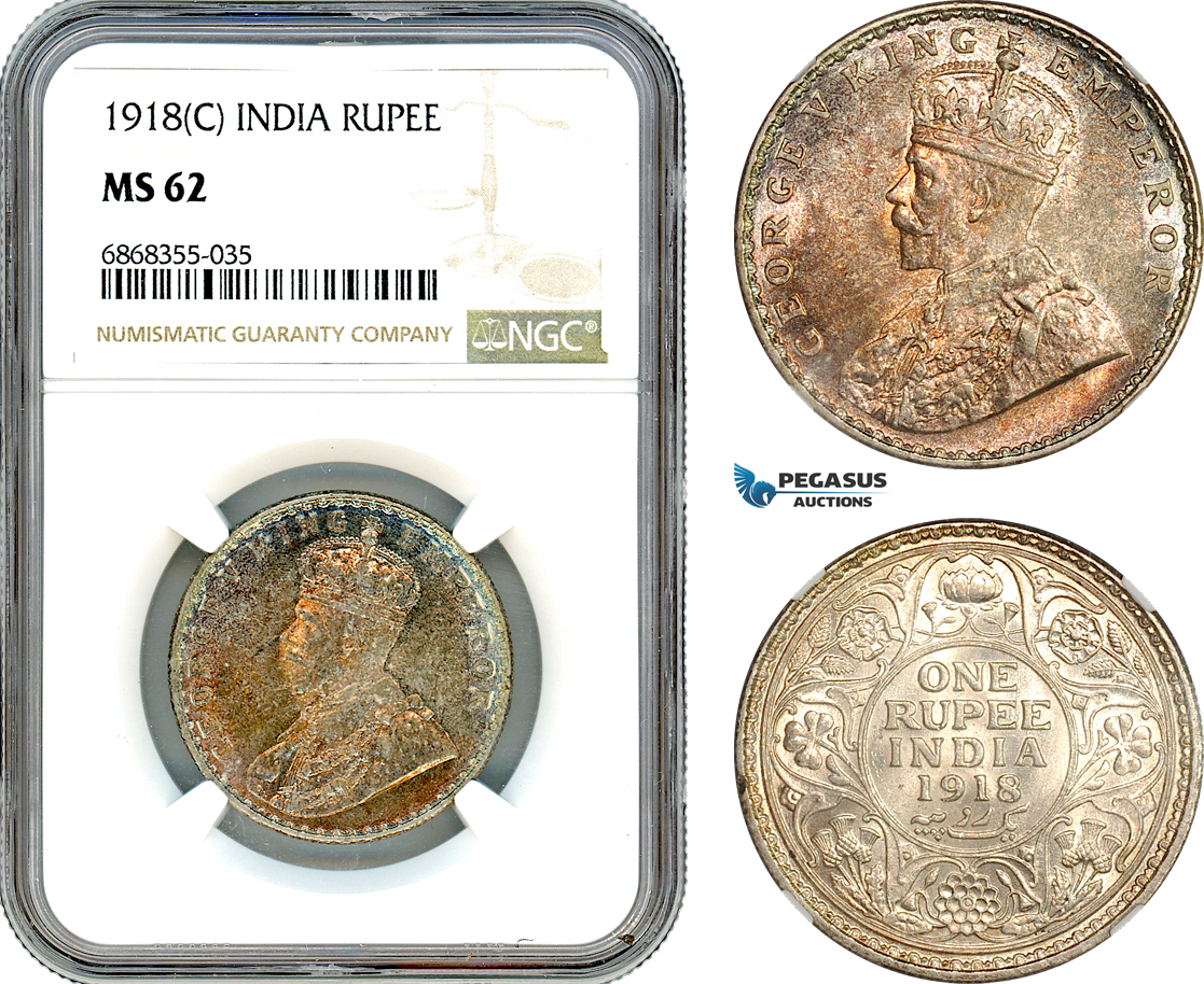 AJ166, India (British) George V, 1 Rupee 1918 C, Calcutta Mint, Silver, NGC MS62