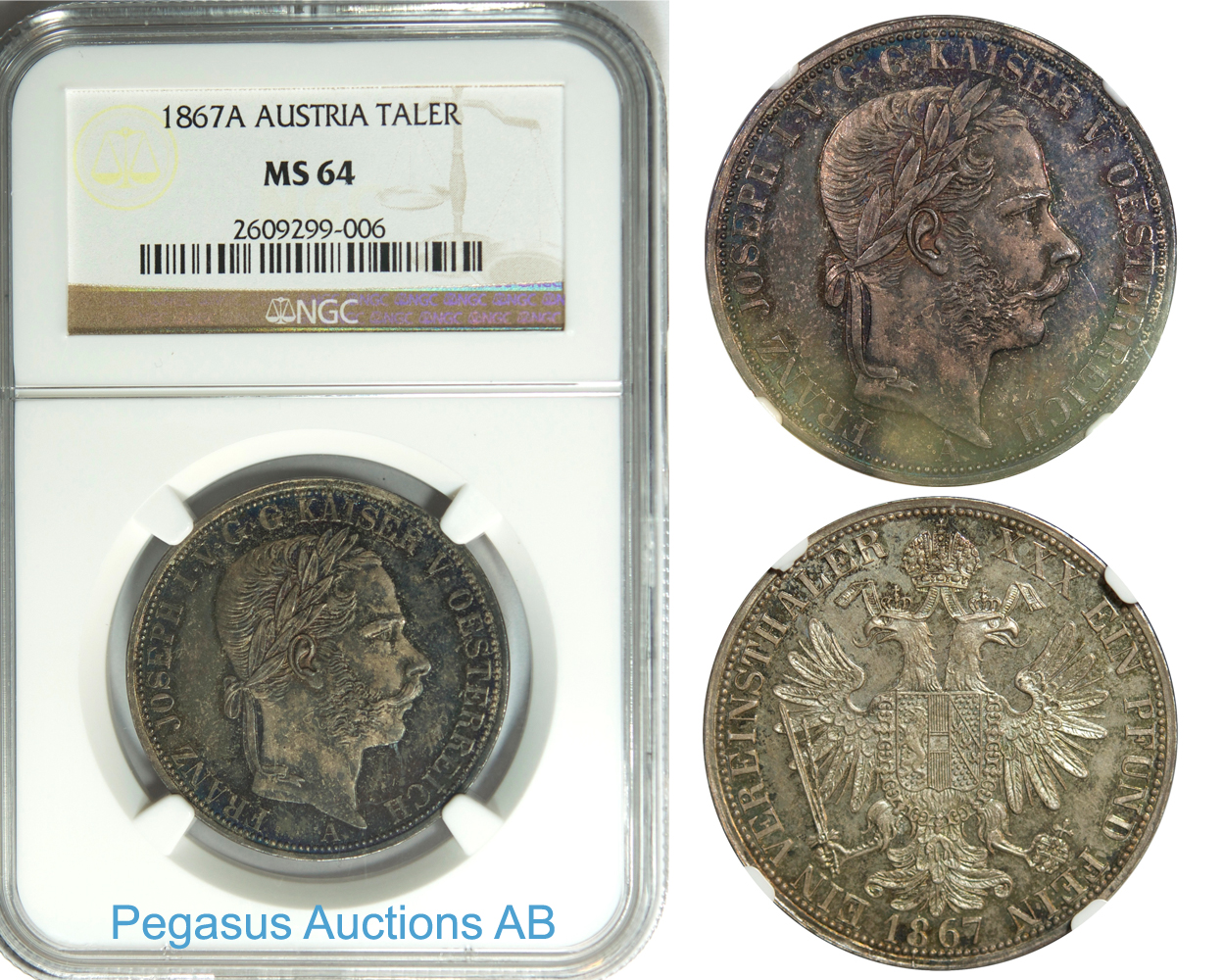 B40, Austria, Franz Joseph, Taler 1867-A, Vienna, Silver, NGC MS64